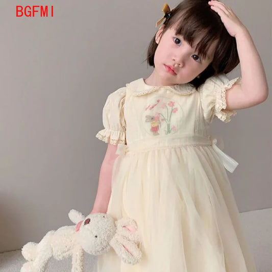 1-10Y New Baby Kid Girl Spring Summer Cream Color Kids infant Dresses Children Doll Collar Embroidered Yarn Dress Girls Clothes